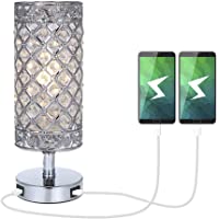 Lámpara de Mesa de Cristal-Tomshine Lámpara Mesilla de Noche- Doble USB Recargable- Pantalla de Lámpara Plateada con…